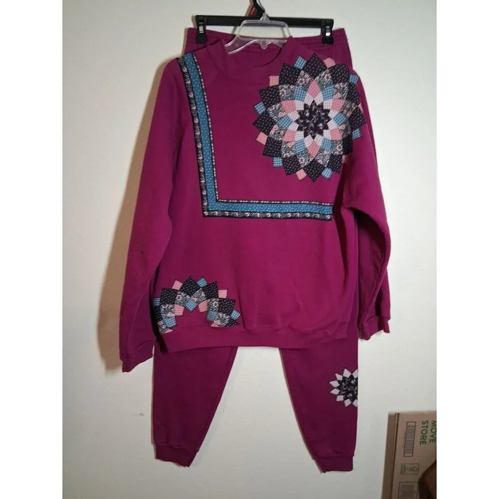 Tultex Magenta Sweatshirt and Joggers Set with Patchwork Flower Accents